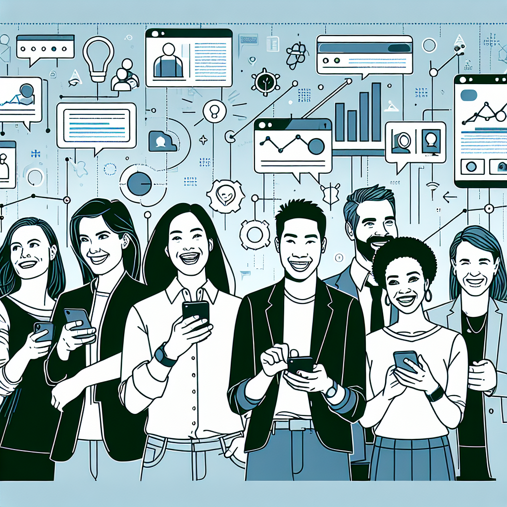 Illustration of smiling professionals with smartphones in a digital dashboards and data setting, with a creative mood.