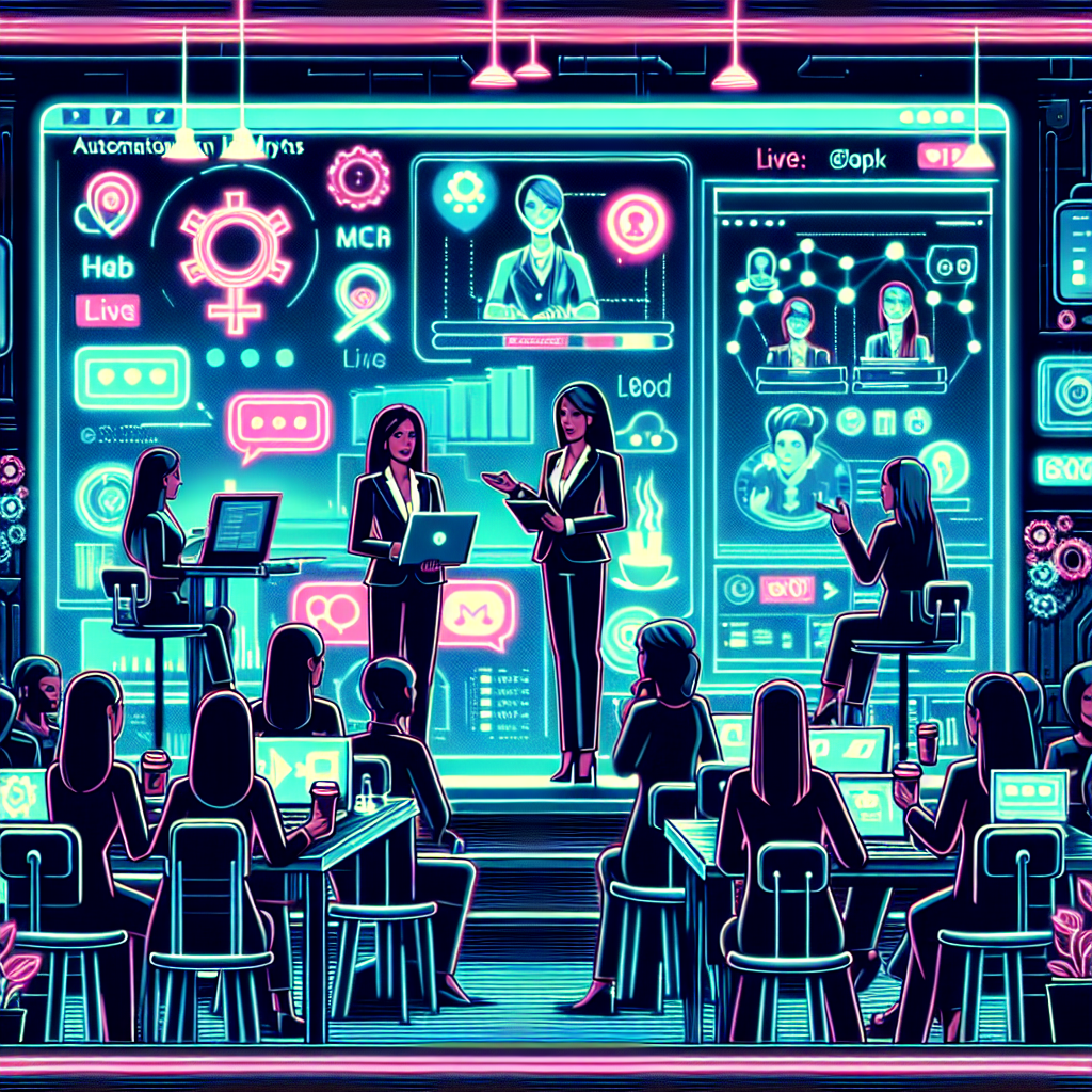 Illustration of women executives giving webinars in a coffee shop settings setting, with a inspired mood.