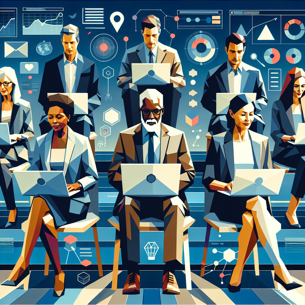 Illustration of mature professionals on laptops in a digital dashboards and data setting, with a inspired mood.