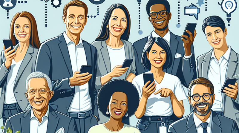 Illustration of smiling professionals with smartphones in a home office setups setting, with a relaxed mood.