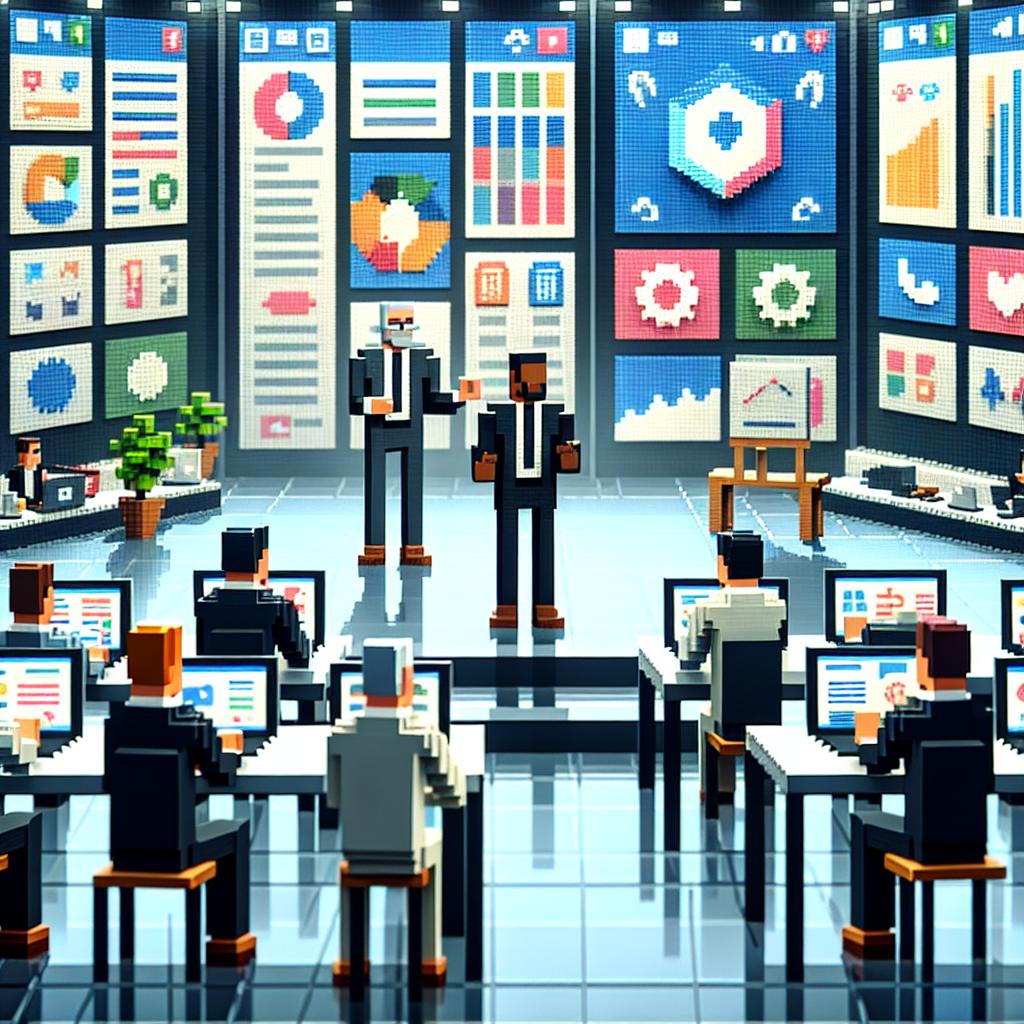 Illustration of men in casual business attire presenting in a open laptops with productivity apps setting, with a focused mood.
