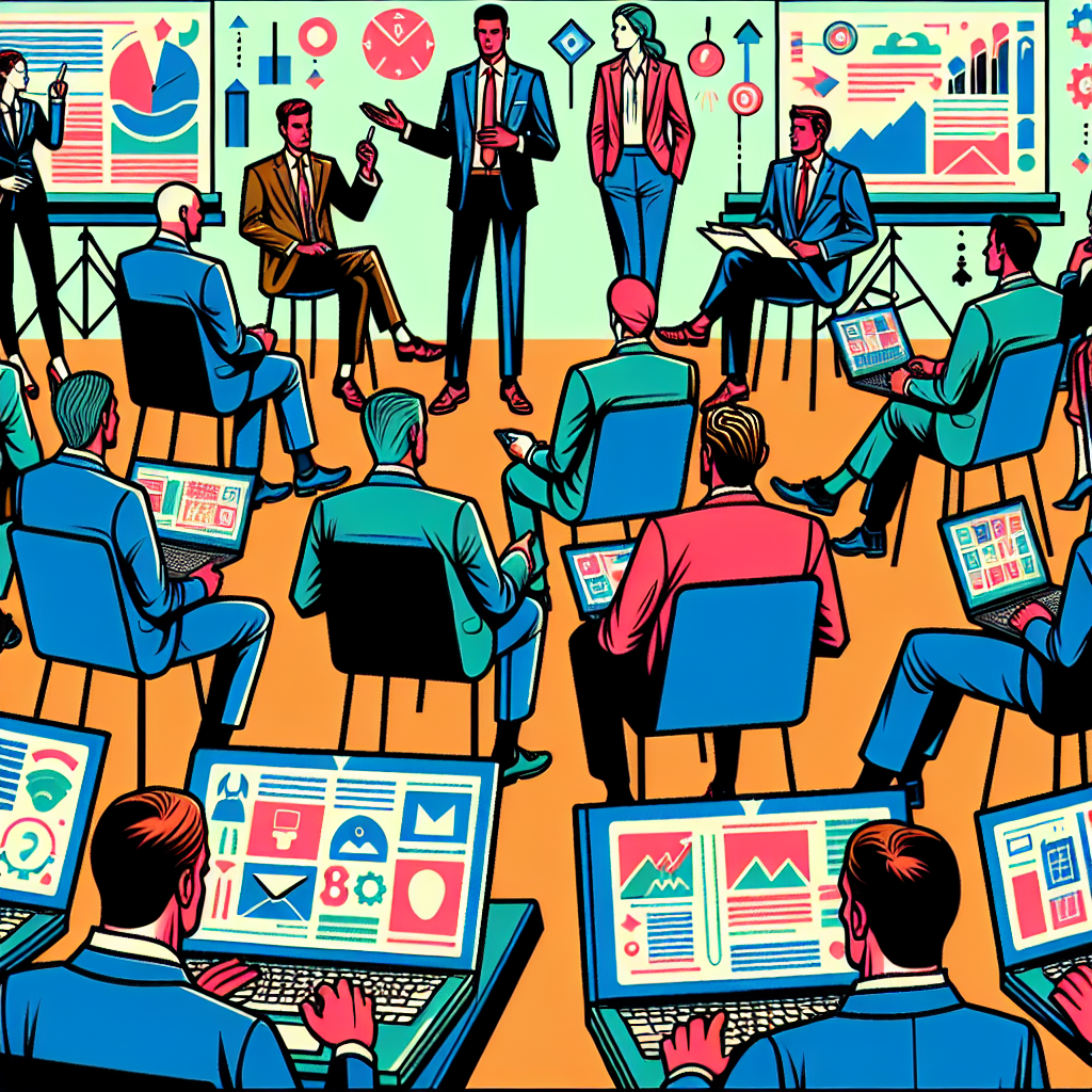 Illustration of men in casual business attire presenting in a open laptops with productivity apps setting, with a determined mood.