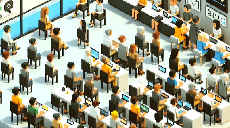 Illustration of group workshops with older attendees in a modern coworking spaces setting, with a relaxed mood.