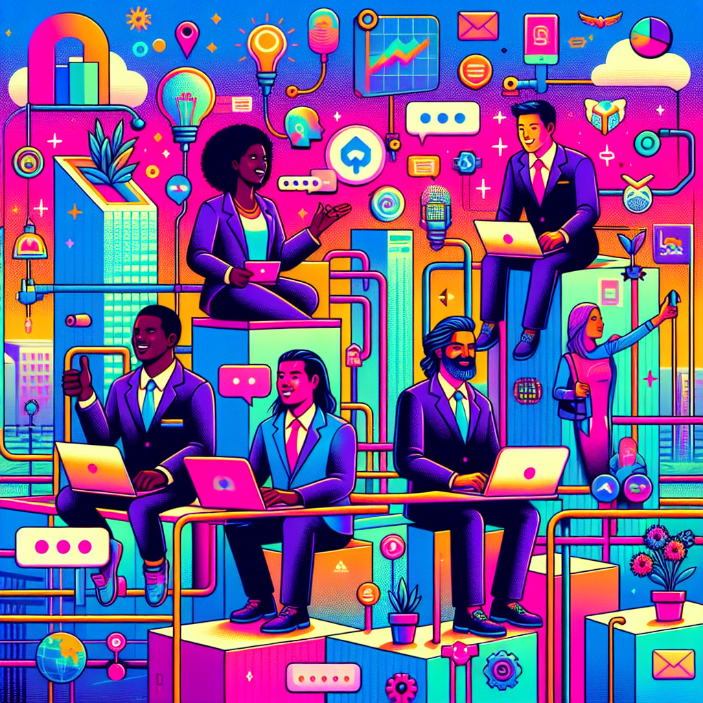 Illustration of women executives giving webinars in a modern coworking spaces setting, with a happy mood.
