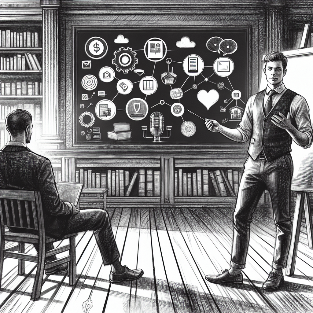 Illustration of men in casual business attire presenting in a legacy business interiors setting, with a focused mood.