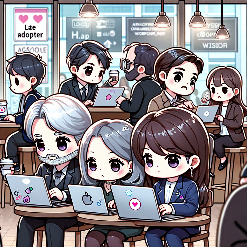 Illustration of mature professionals on laptops in a coffee shop settings setting, with a focused mood.