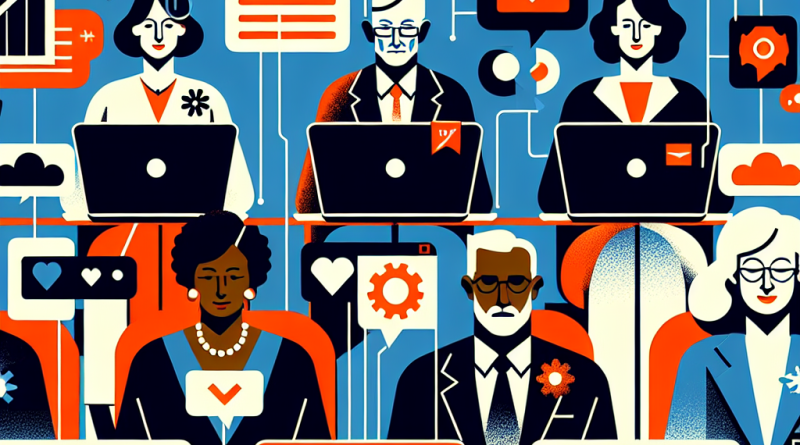 Illustration of mature professionals on laptops in a open laptops with productivity apps setting, with a inspired mood.