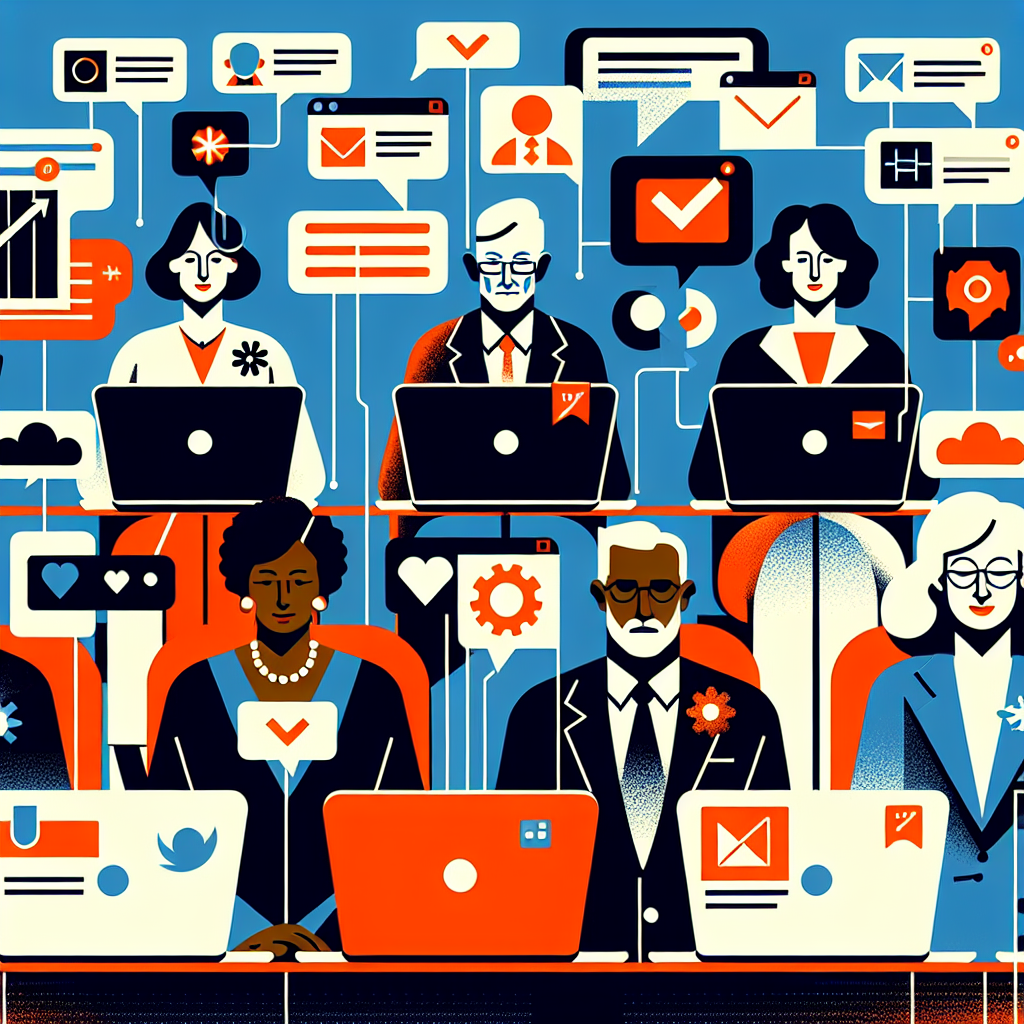 Illustration of mature professionals on laptops in a open laptops with productivity apps setting, with a inspired mood.