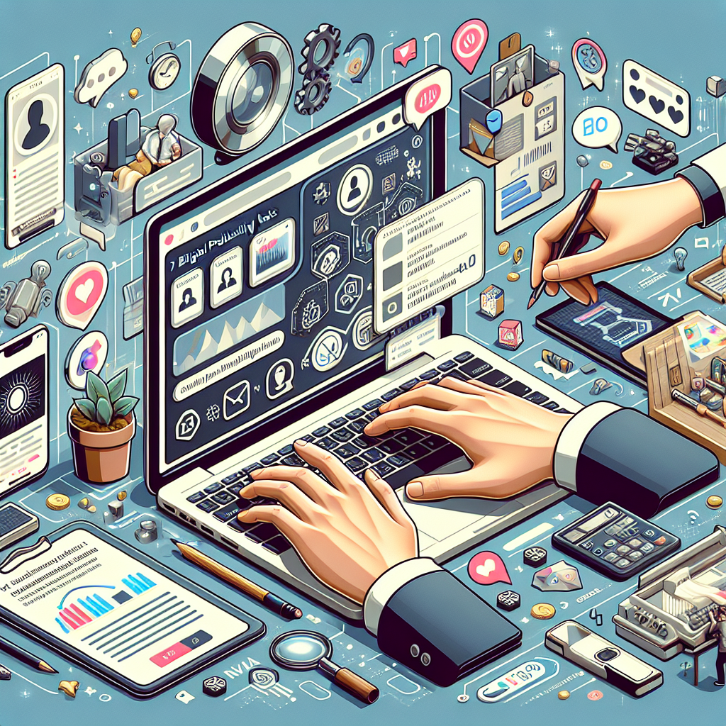 Illustration of hands using ai-powered tools in a open laptops with productivity apps setting, with a happy mood.