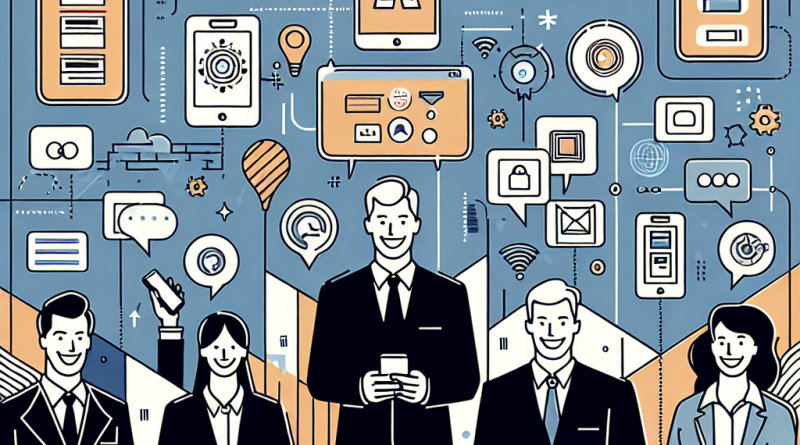 Illustration of smiling professionals with smartphones in a open laptops with productivity apps setting, with a creative mood.