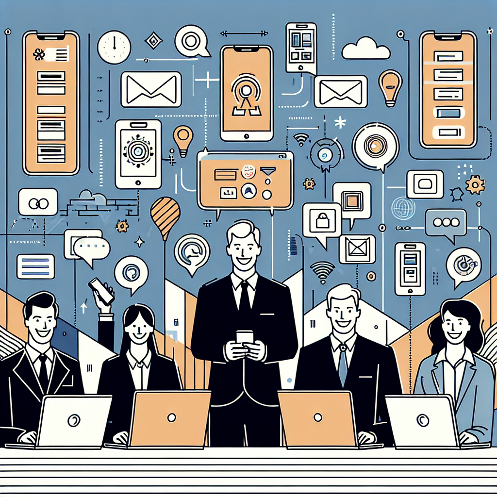 Illustration of smiling professionals with smartphones in a open laptops with productivity apps setting, with a creative mood.