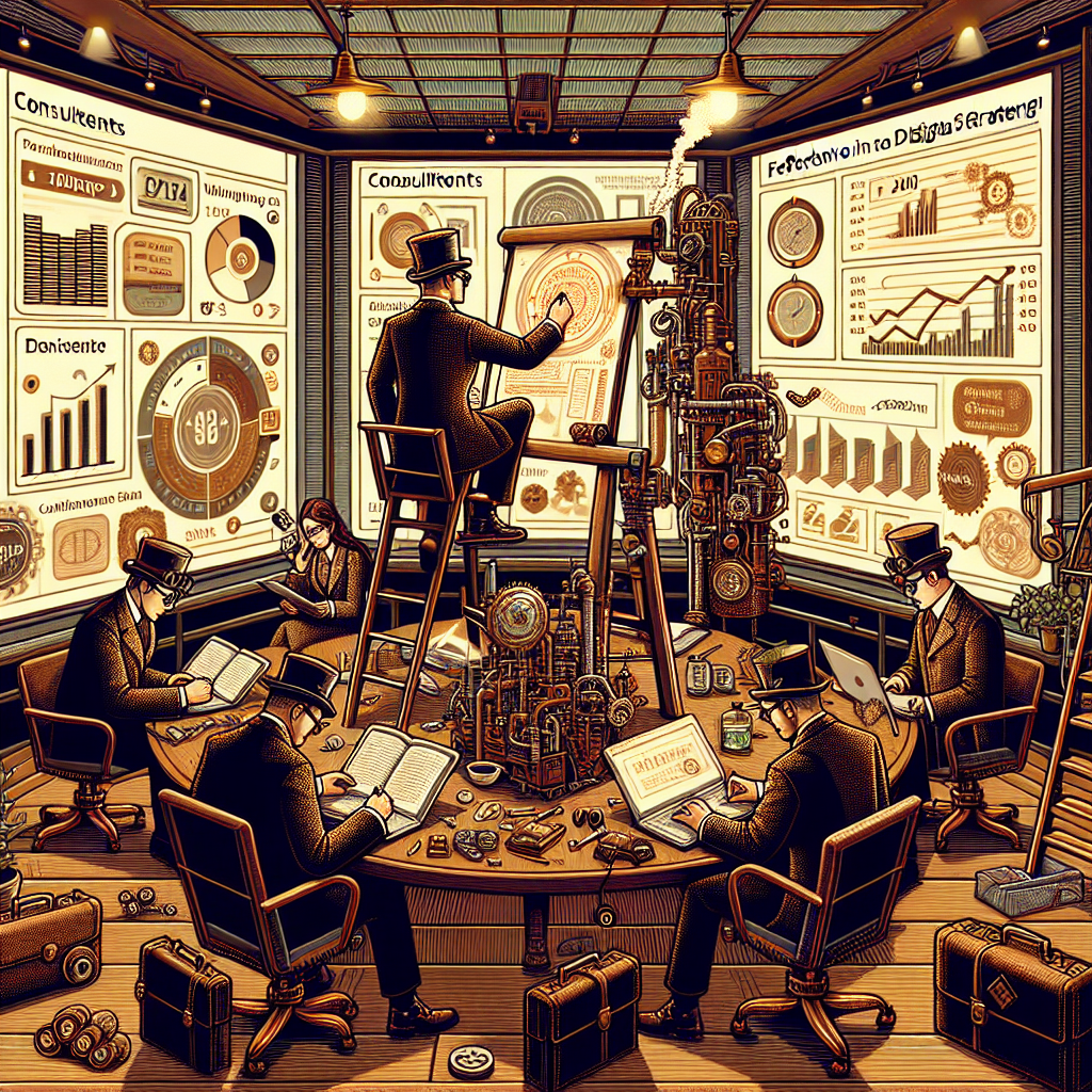 Illustration of writing in notebooks with tablets nearby in a legacy business interiors setting, with a determined mood.