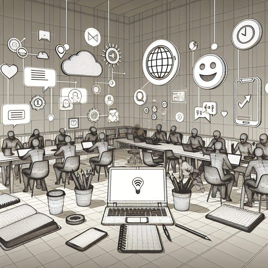 Illustration of writing in notebooks with tablets nearby in a modern coworking spaces setting, with a happy mood.