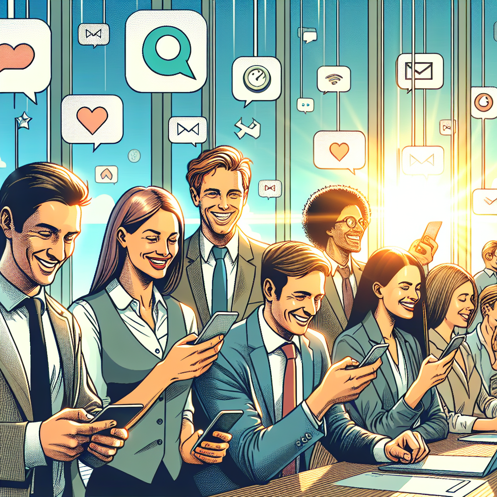Illustration of smiling professionals with smartphones in a sunlit professional workspaces setting, with a relaxed mood.