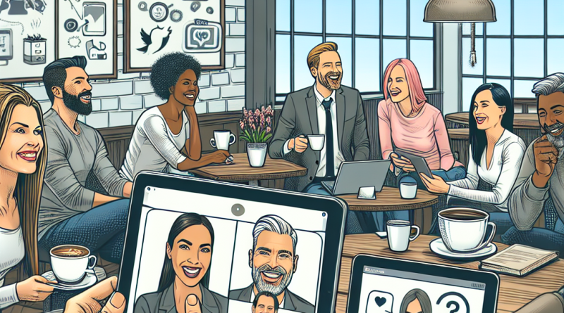 Illustration of video conferencing on tablets in a coffee shop settings setting, with a inspired mood.
