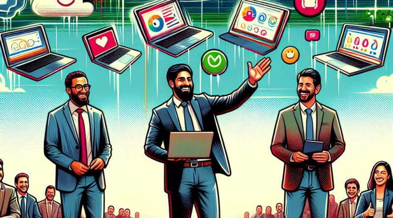 Illustration of men in casual business attire presenting in a open laptops with productivity apps setting, with a happy mood.