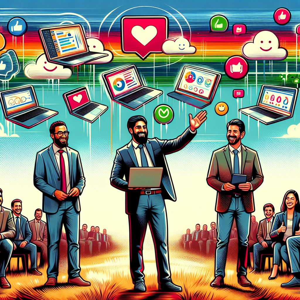 Illustration of men in casual business attire presenting in a open laptops with productivity apps setting, with a happy mood.