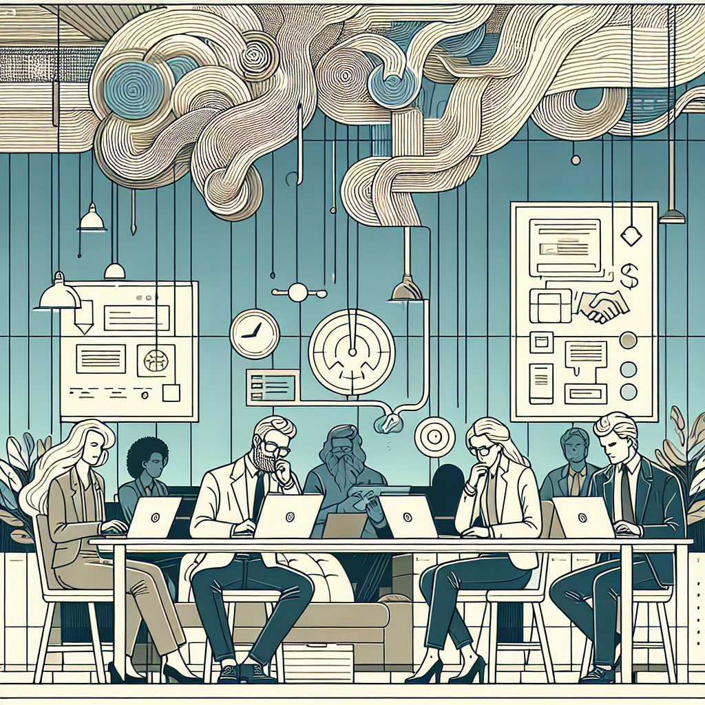 Illustration of mature professionals on laptops in a legacy business interiors setting, with a relaxed mood.