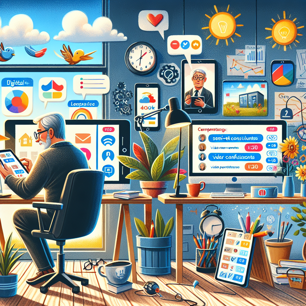 Illustration of video conferencing on tablets in a home office setups setting, with a inspired mood.
