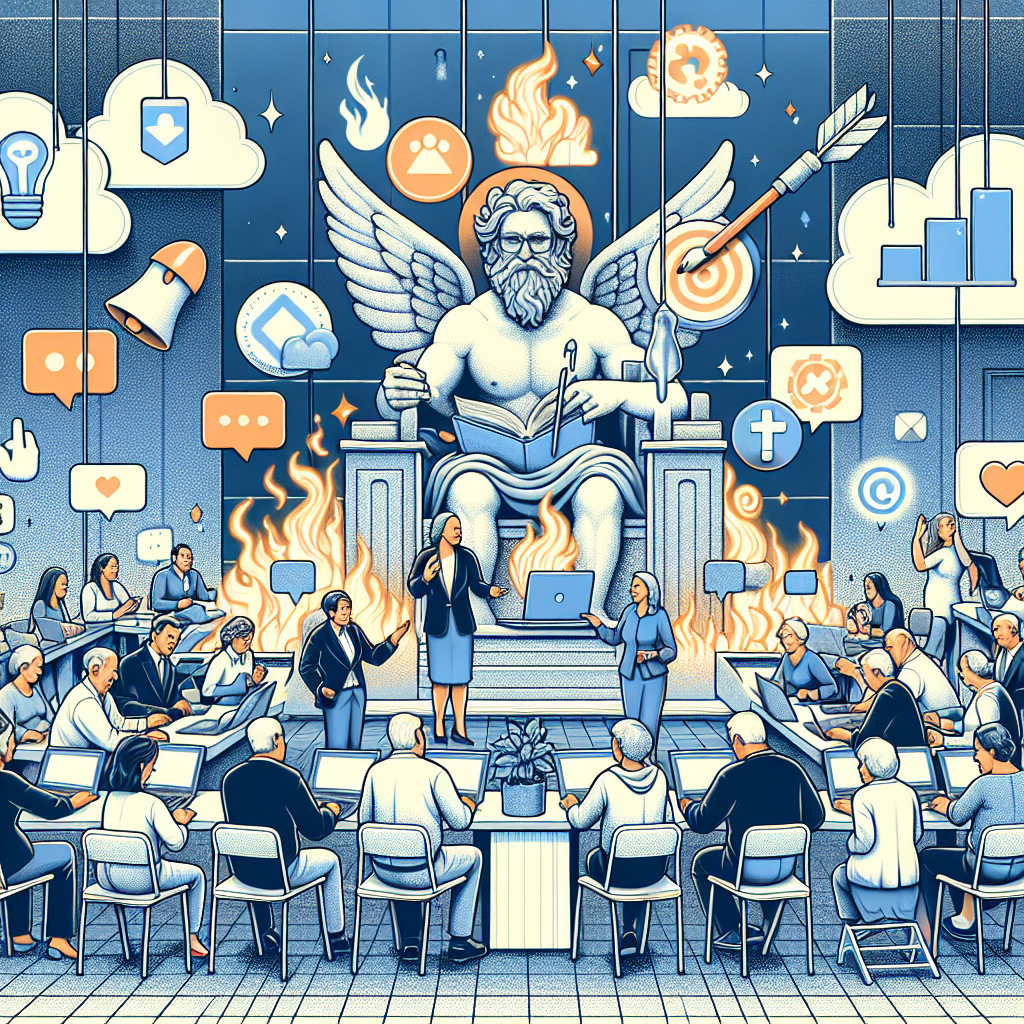 Illustration of group workshops with older attendees in a legacy business interiors setting, with a focused mood.