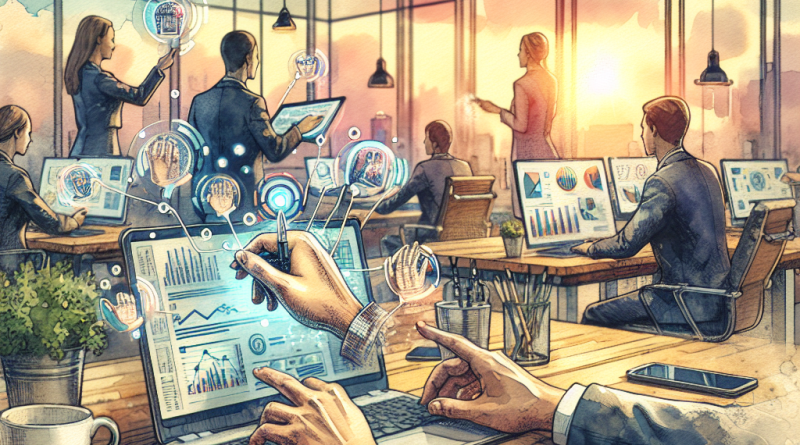 Illustration of hands using ai-powered tools in a legacy business interiors setting, with a happy mood.