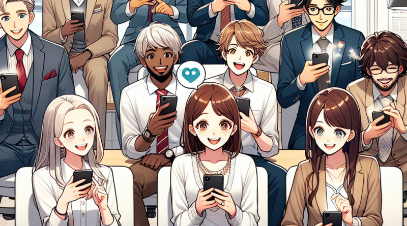 Illustration of smiling professionals with smartphones in a legacy business interiors setting, with a inspired mood.