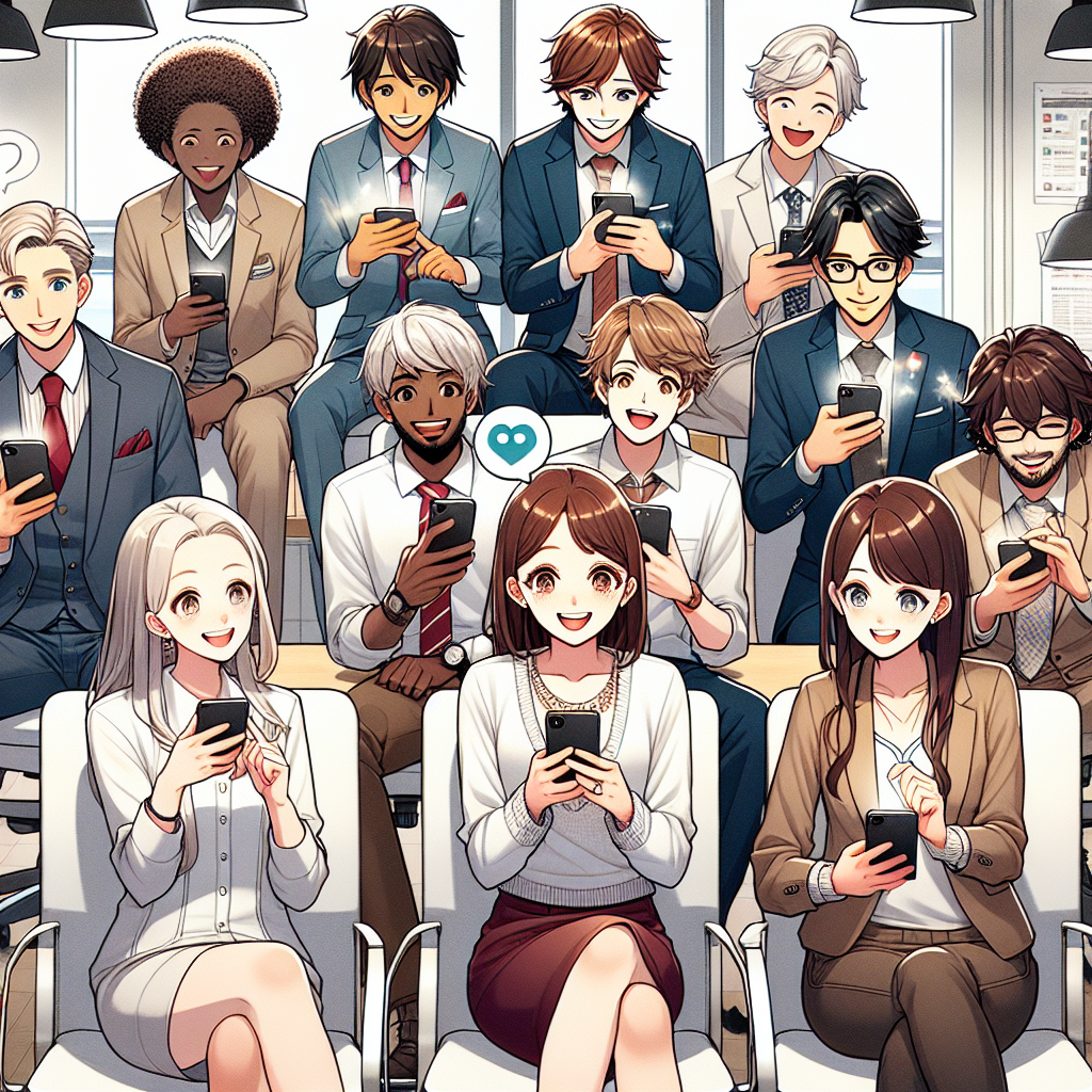 Illustration of smiling professionals with smartphones in a legacy business interiors setting, with a inspired mood.