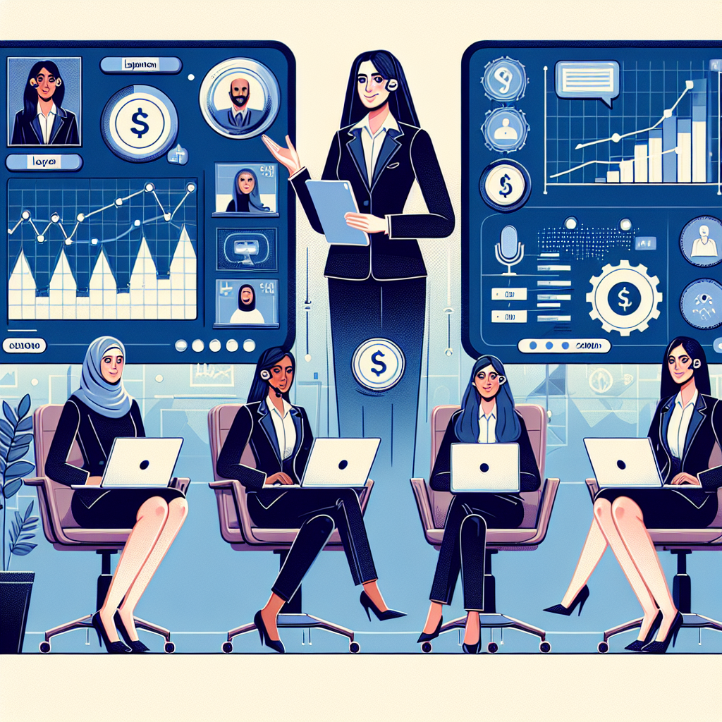 Illustration of women executives giving webinars in a digital dashboards and data setting, with a relaxed mood.