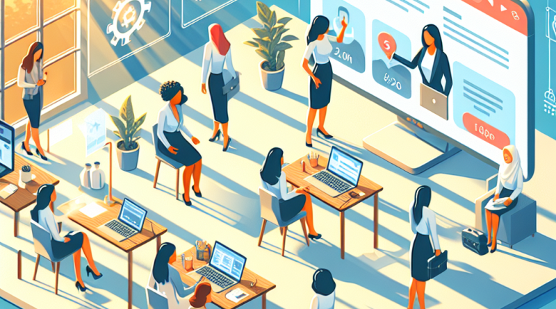 Illustration of women executives giving webinars in a sunlit professional workspaces setting, with a determined mood.