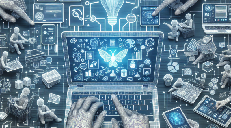 Illustration of hands using ai-powered tools in a open laptops with productivity apps setting, with a relaxed mood.