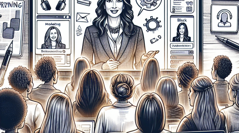 Illustration of women executives giving webinars in a open laptops with productivity apps setting, with a creative mood.