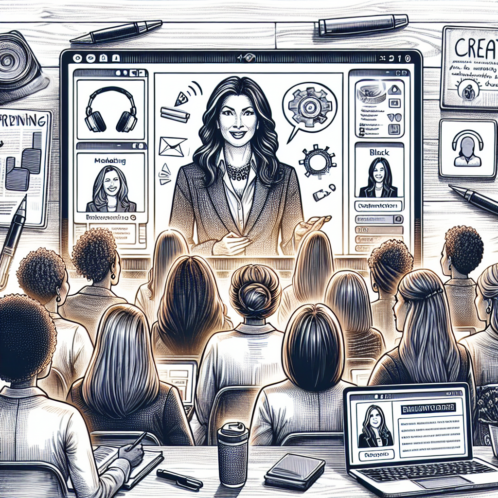 Illustration of women executives giving webinars in a open laptops with productivity apps setting, with a creative mood.