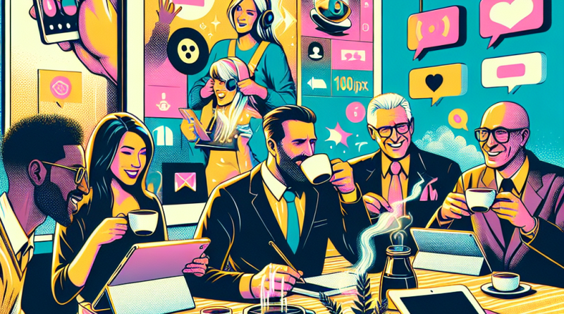 Illustration of video conferencing on tablets in a coffee shop settings setting, with a inspired mood.