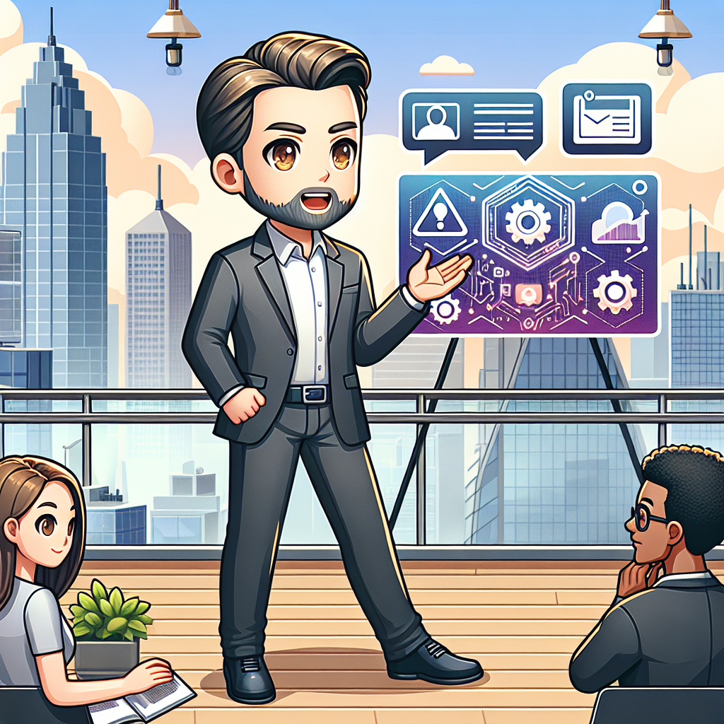 Illustration of men in casual business attire presenting in a urban rooftop offices setting, with a determined mood.