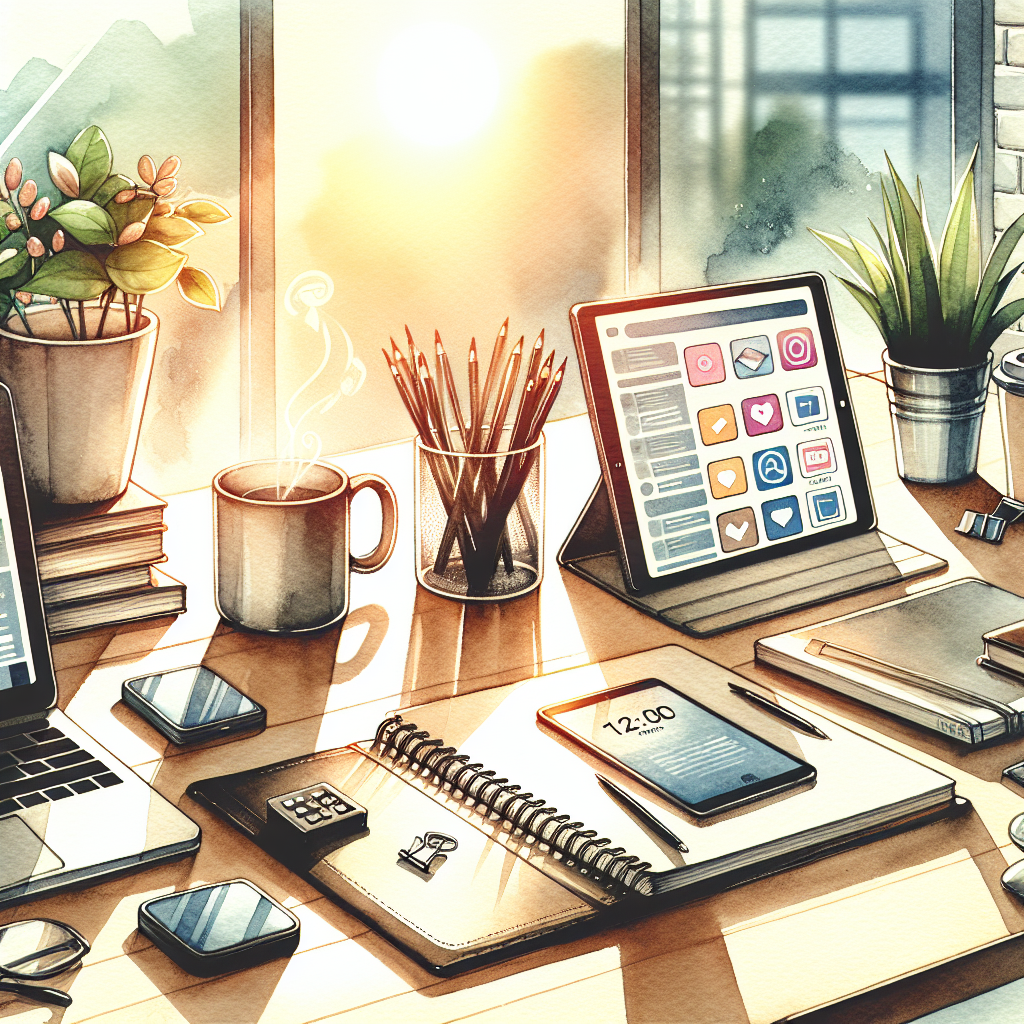 Illustration of writing in notebooks with tablets nearby in a sunlit professional workspaces setting, with a determined mood.