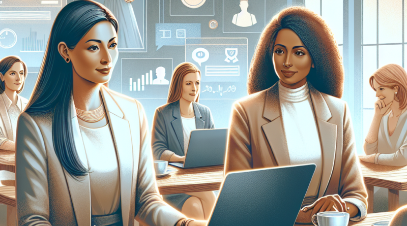 Illustration of women executives giving webinars in a coffee shop settings setting, with a focused mood.