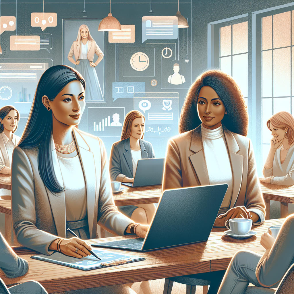 Illustration of women executives giving webinars in a coffee shop settings setting, with a focused mood.
