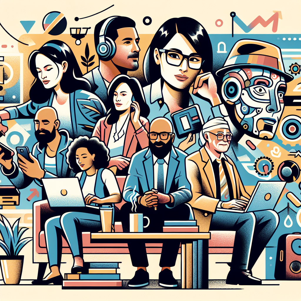 Illustration of diverse entrepreneurs over 40 in a home office setups setting, with a relaxed mood.