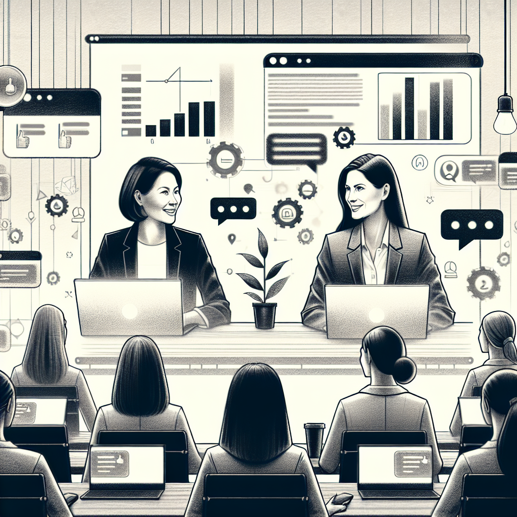 Illustration of women executives giving webinars in a minimalist tech environments setting, with a happy mood.