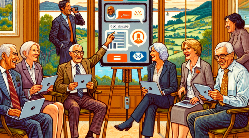 Illustration of video conferencing on tablets in a legacy business interiors setting, with a happy mood.