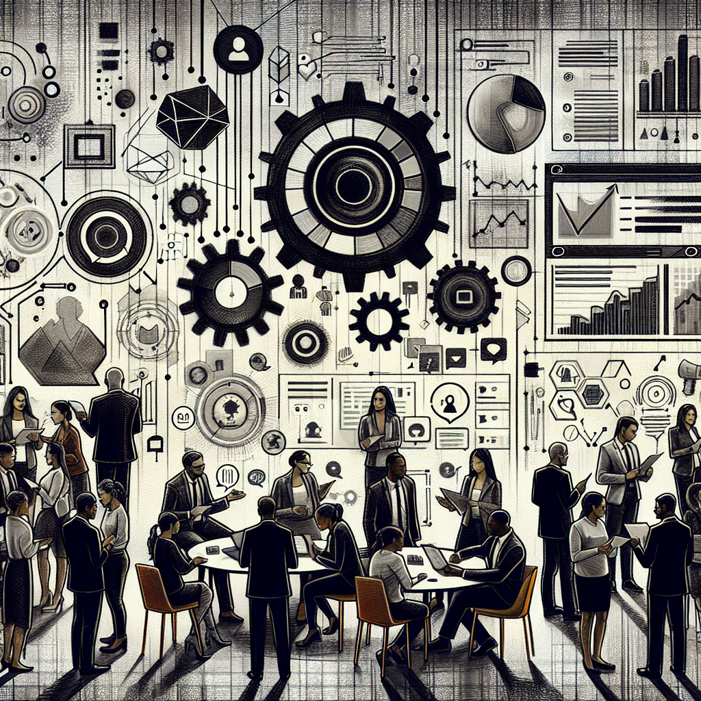 Illustration of diverse entrepreneurs over 40 in a digital dashboards and data setting, with a focused mood.