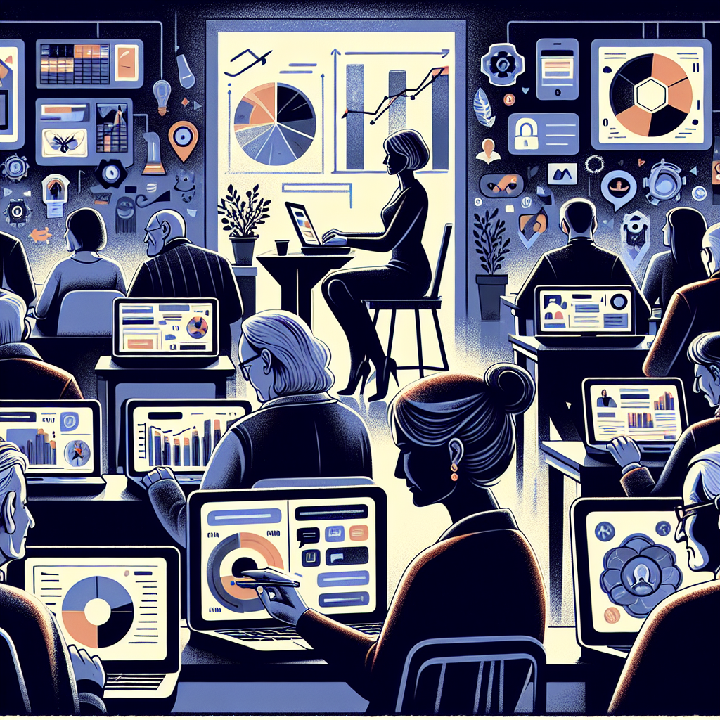 Illustration of group workshops with older attendees in a digital dashboards and data setting, with a inspired mood.