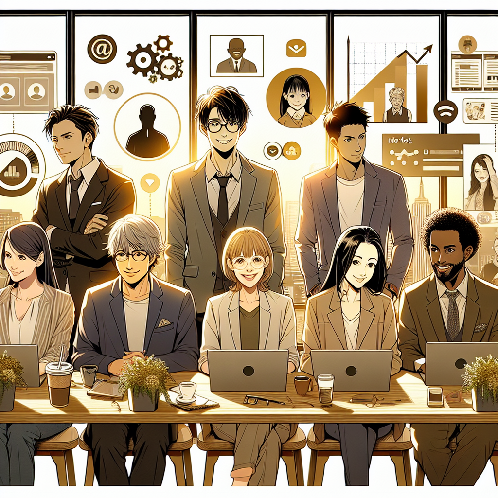Illustration of diverse entrepreneurs over 40 in a sunlit professional workspaces setting, with a relaxed mood.