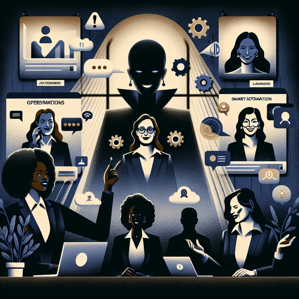Illustration of women executives giving webinars in a legacy business interiors setting, with a happy mood.
