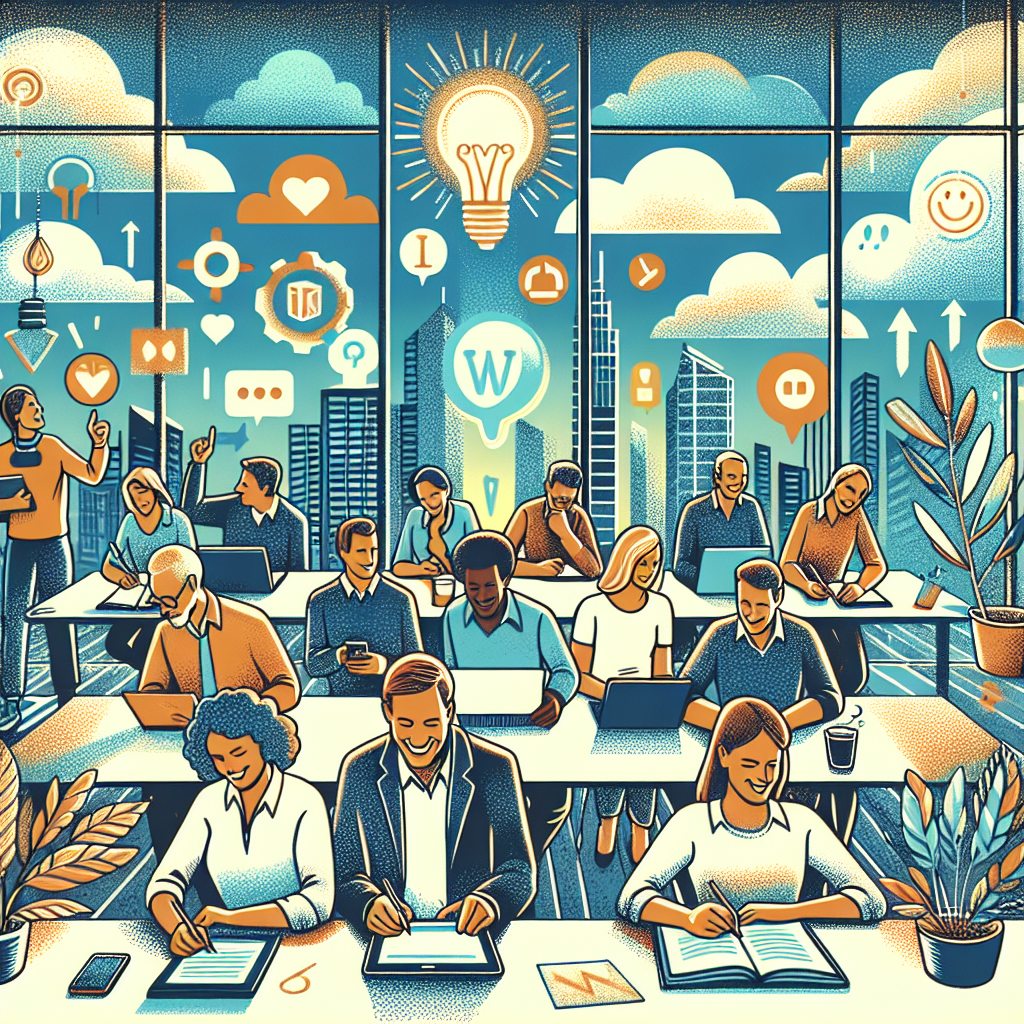 Illustration of writing in notebooks with tablets nearby in a modern coworking spaces setting, with a happy mood.