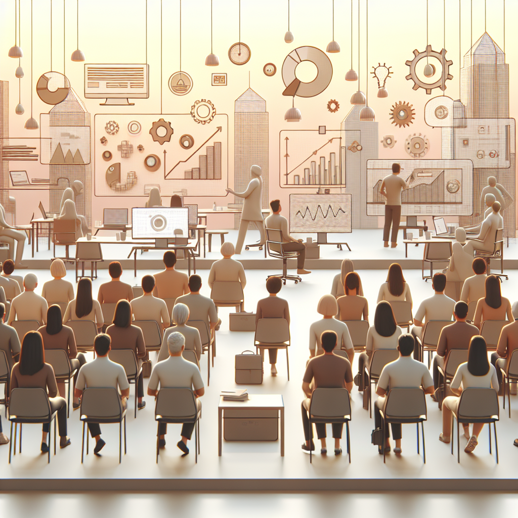 Illustration of group workshops with older attendees in a minimalist tech environments setting, with a relaxed mood.