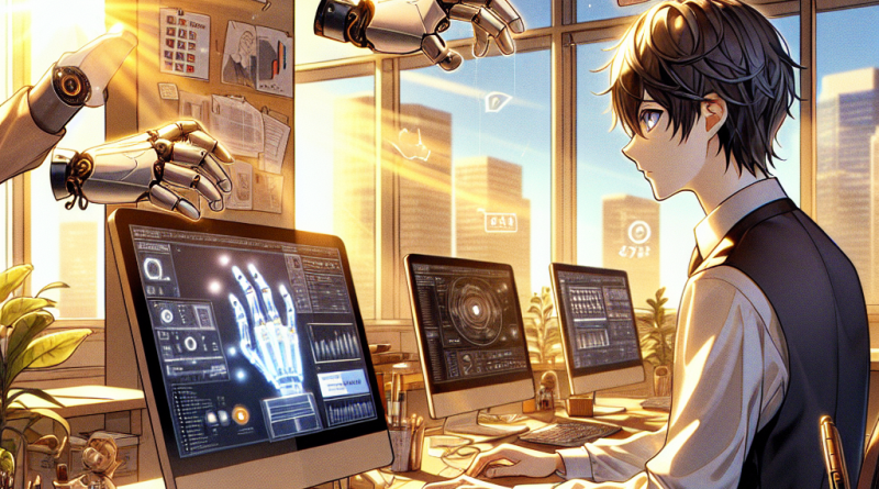 Illustration of hands using ai-powered tools in a sunlit professional workspaces setting, with a determined mood.