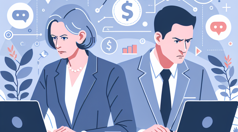 Illustration of mature professionals on laptops in a minimalist tech environments setting, with a focused mood.