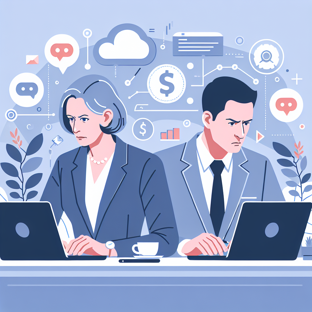 Illustration of mature professionals on laptops in a minimalist tech environments setting, with a focused mood.