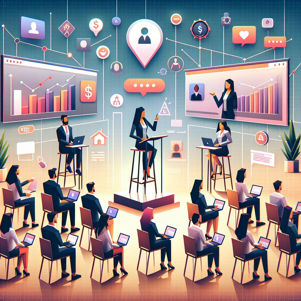 Illustration of women executives giving webinars in a sunlit professional workspaces setting, with a determined mood.
